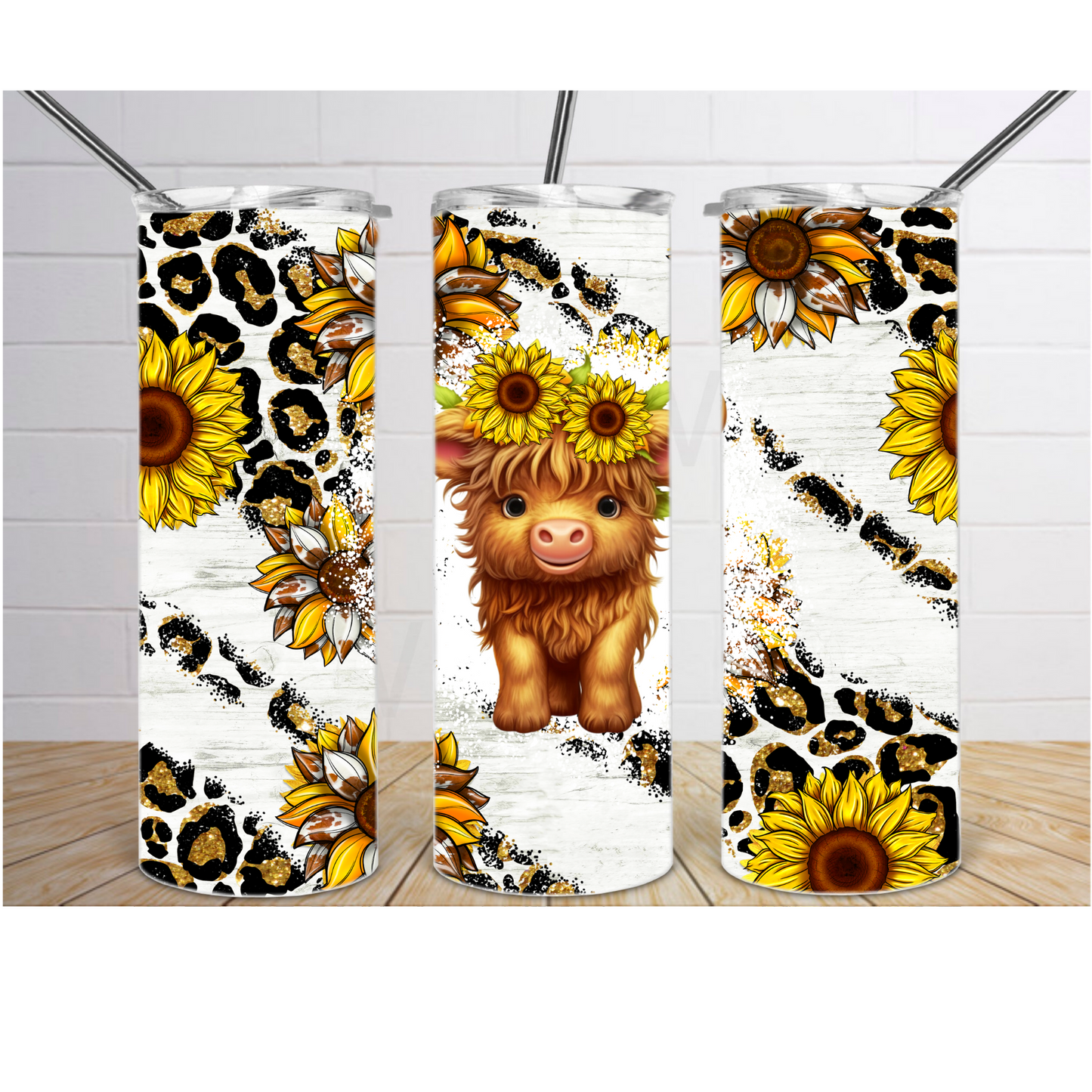 Highland Cow Sunflower Cheetah Print Sublimation Tumbler Wrap Png